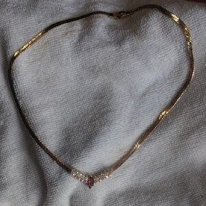 Source Unknown Gold-Tone Necklace with Red Accent and Crystal Accents